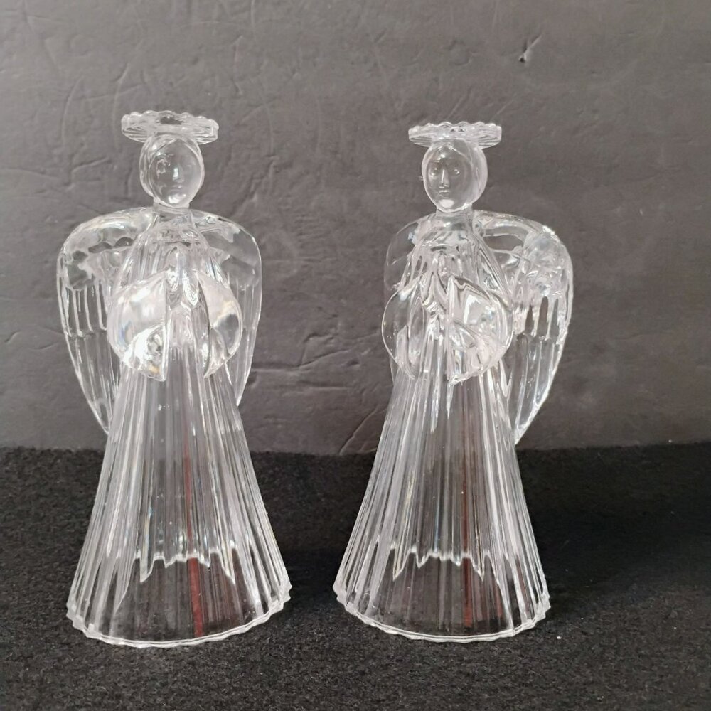 Large Vintage Crystal Angel Candle Holders, Set of 2, Glass Angels Candlesticks - Picture 9 of 10